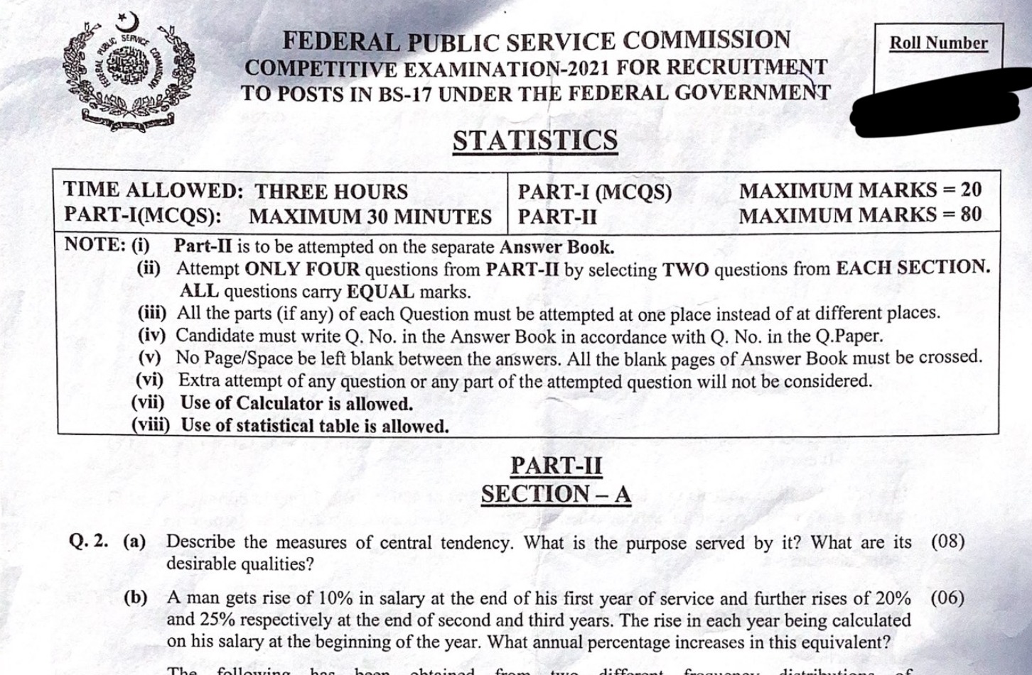Pakistan CSS Exam FPSC Past Paper: Statistics
