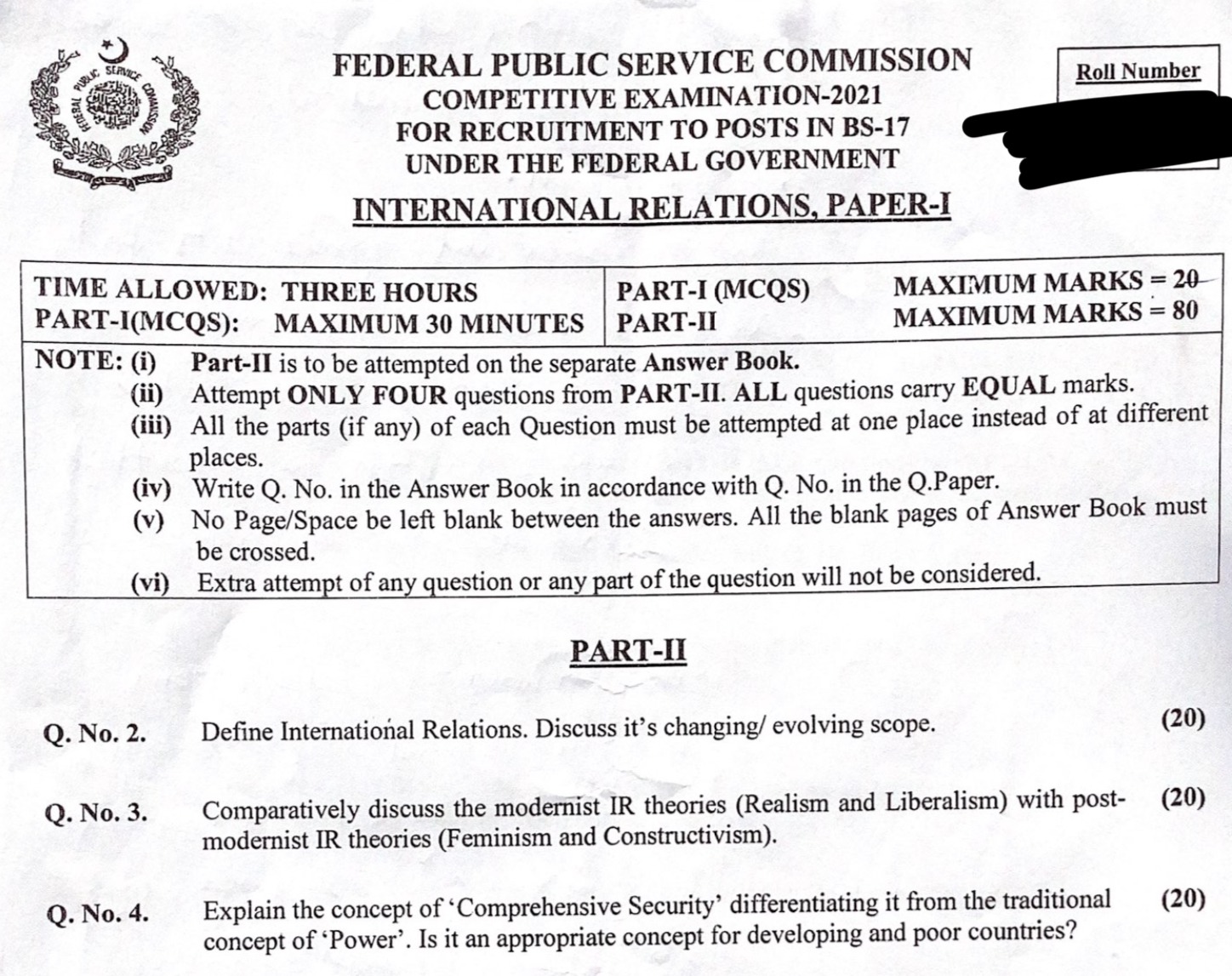 Pakistan CSS Exam FPSC Past Paper: International Relations Paper 1