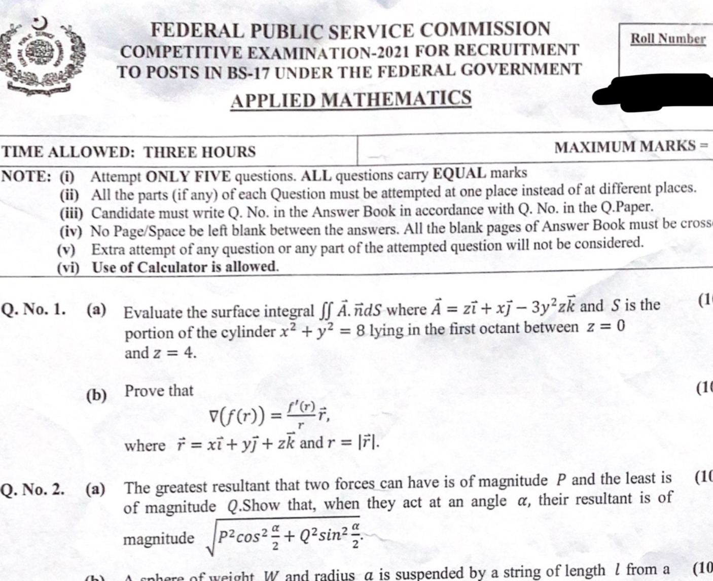Pakistan FPSC CSS Exam Past Papers: Applied Mathematics